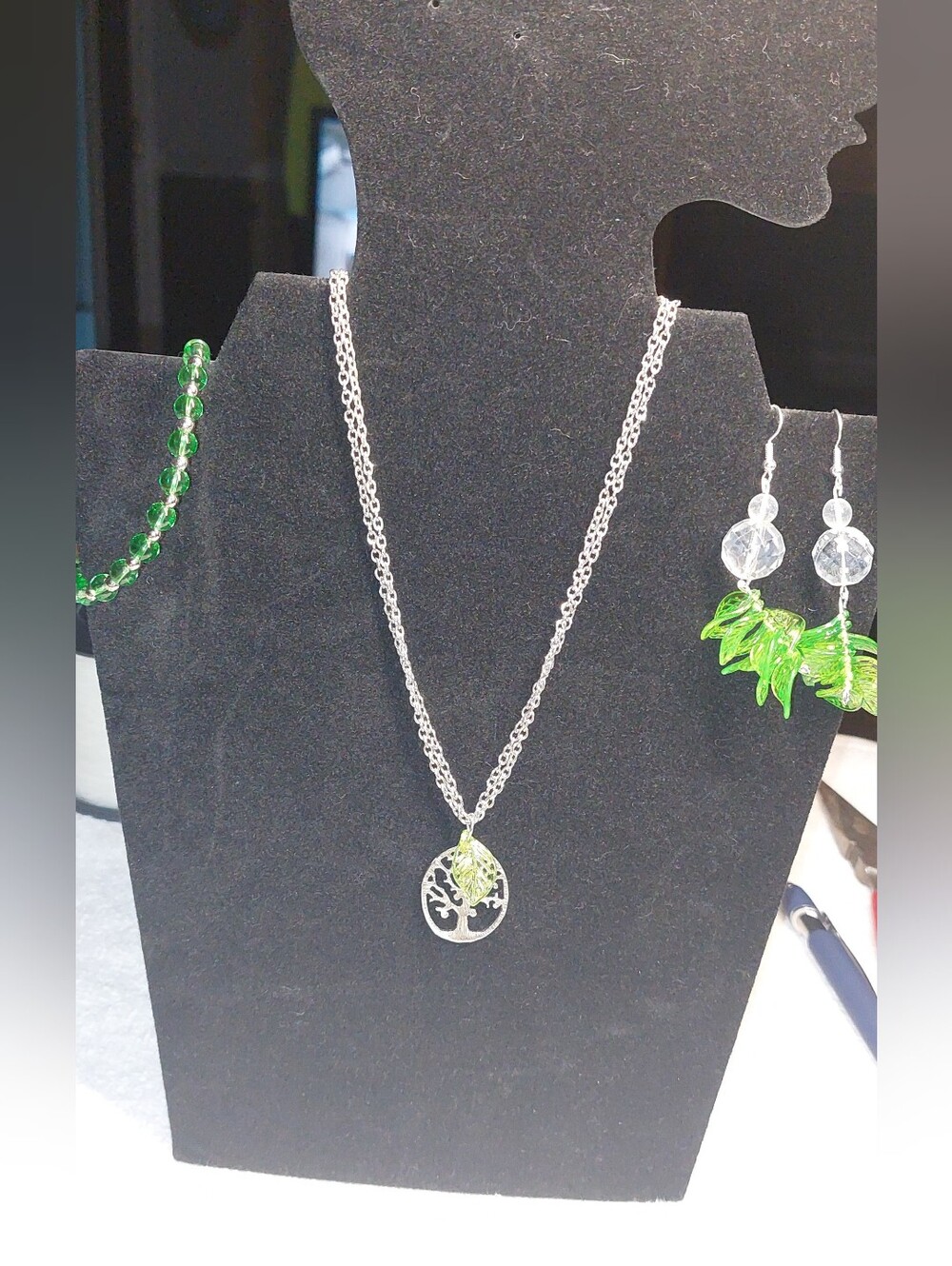 Silver Tree of Life Necklace with Green Leaf Accent With Earrings And Bracelet